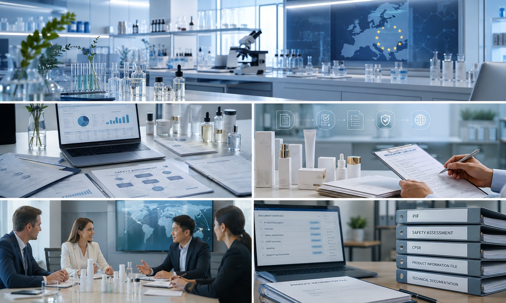 Composite view of cosmetic compliance laboratory, assessment documents, and professional regulatory consultation