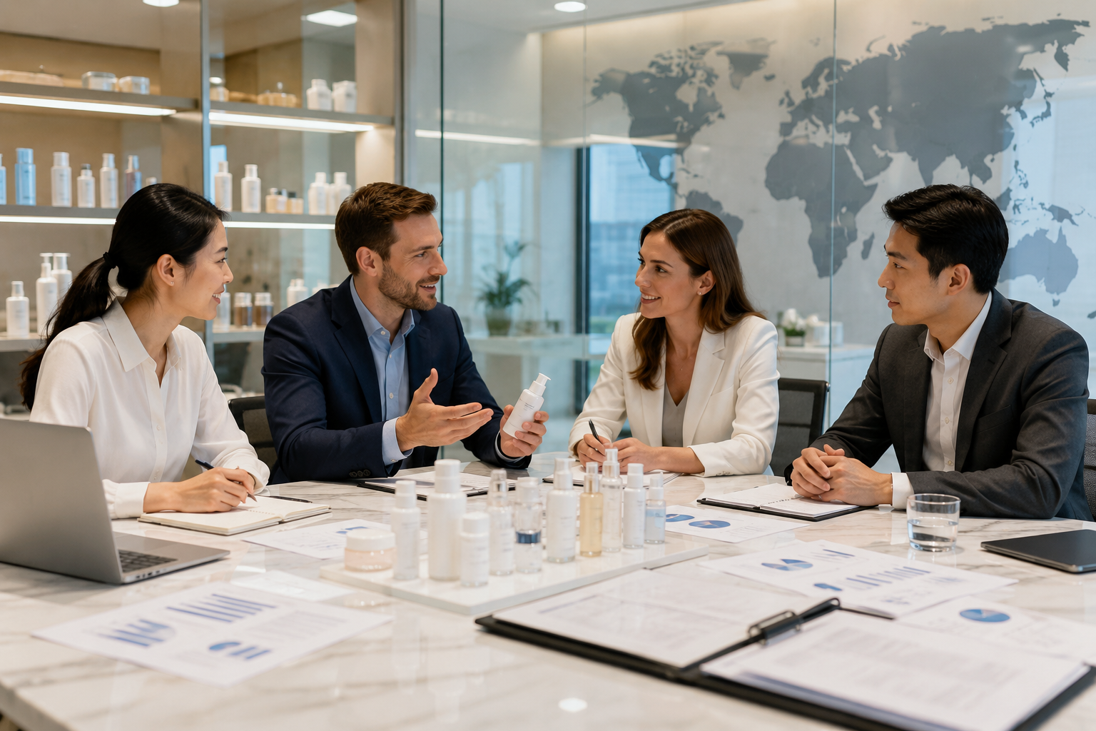Professional cosmetic product compliance meeting with international brand and technical stakeholders